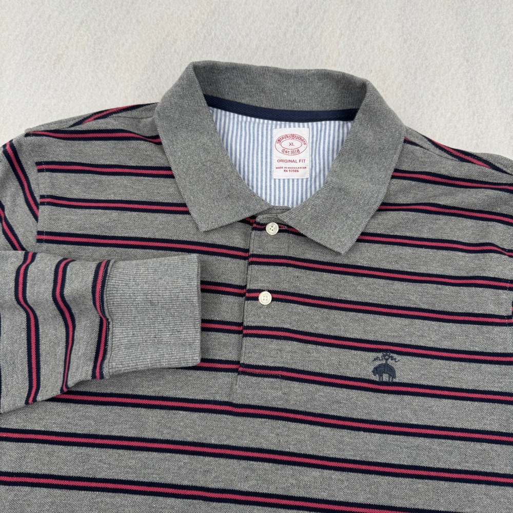 Brooks Brothers Mens XL Original Fit Long Sleeve Polo Shirt Gray/Red Striped